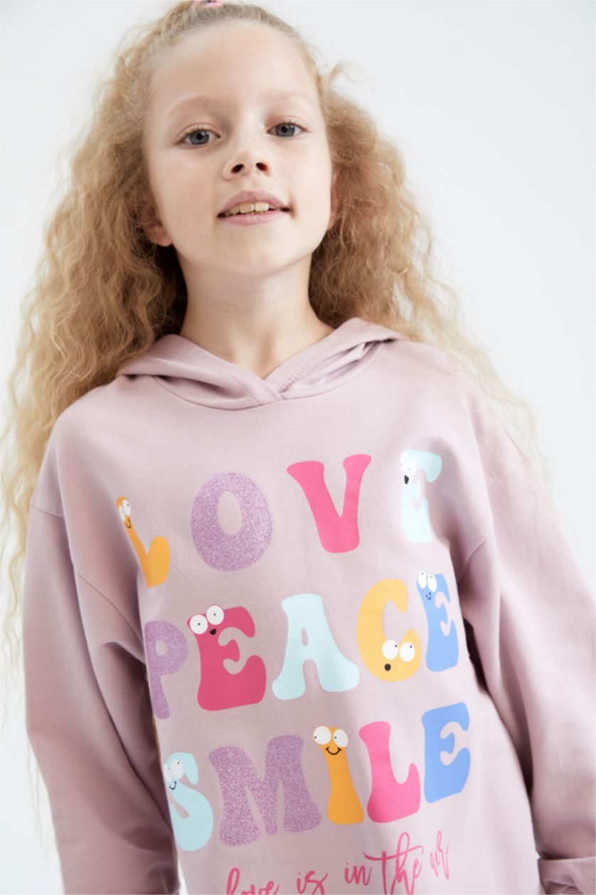 GIRLS & TEENS Pink Girl Printed Hooded Sweatshirt Dress