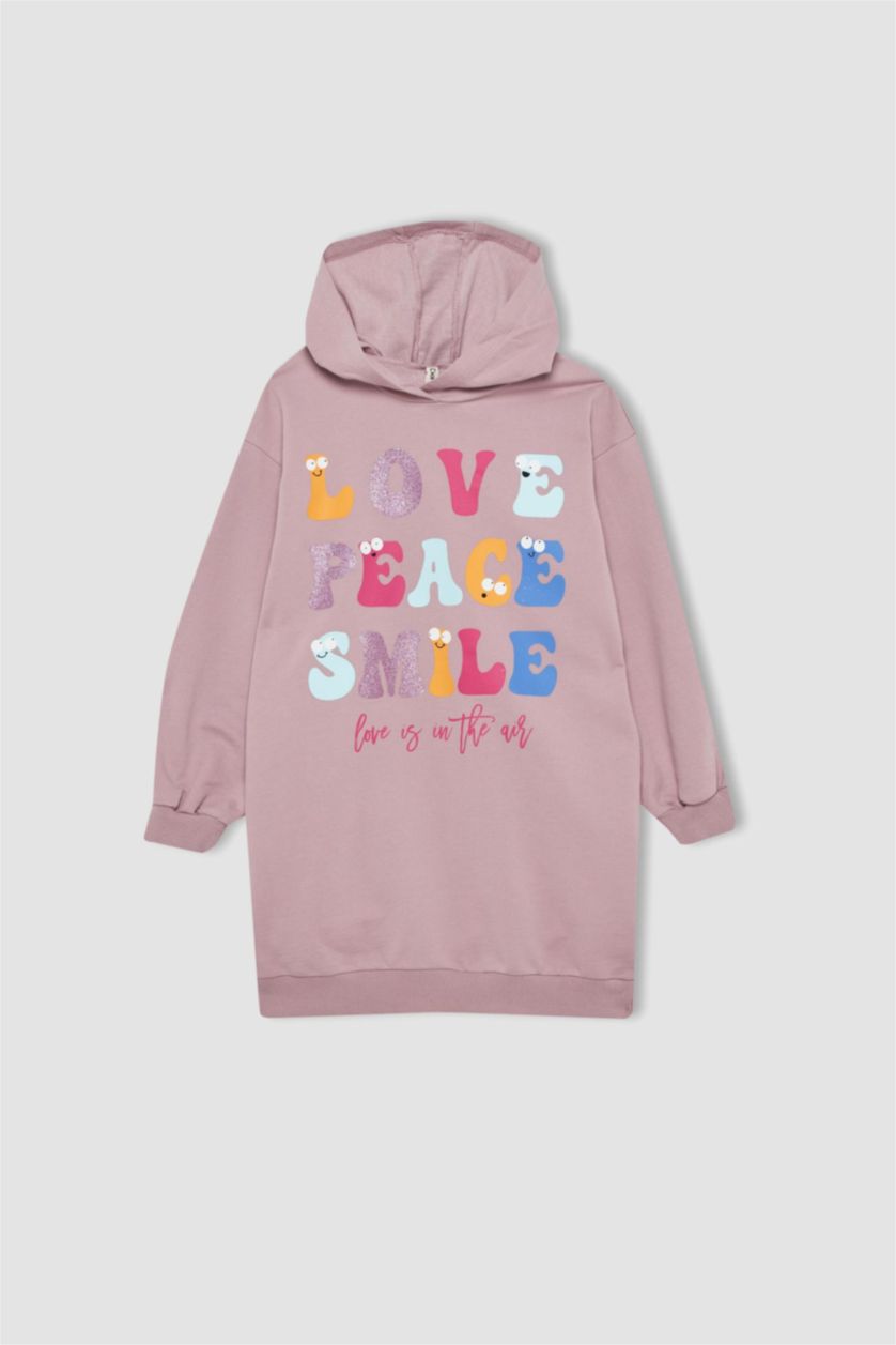 GIRLS & TEENS Pink Girl Printed Hooded Sweatshirt Dress