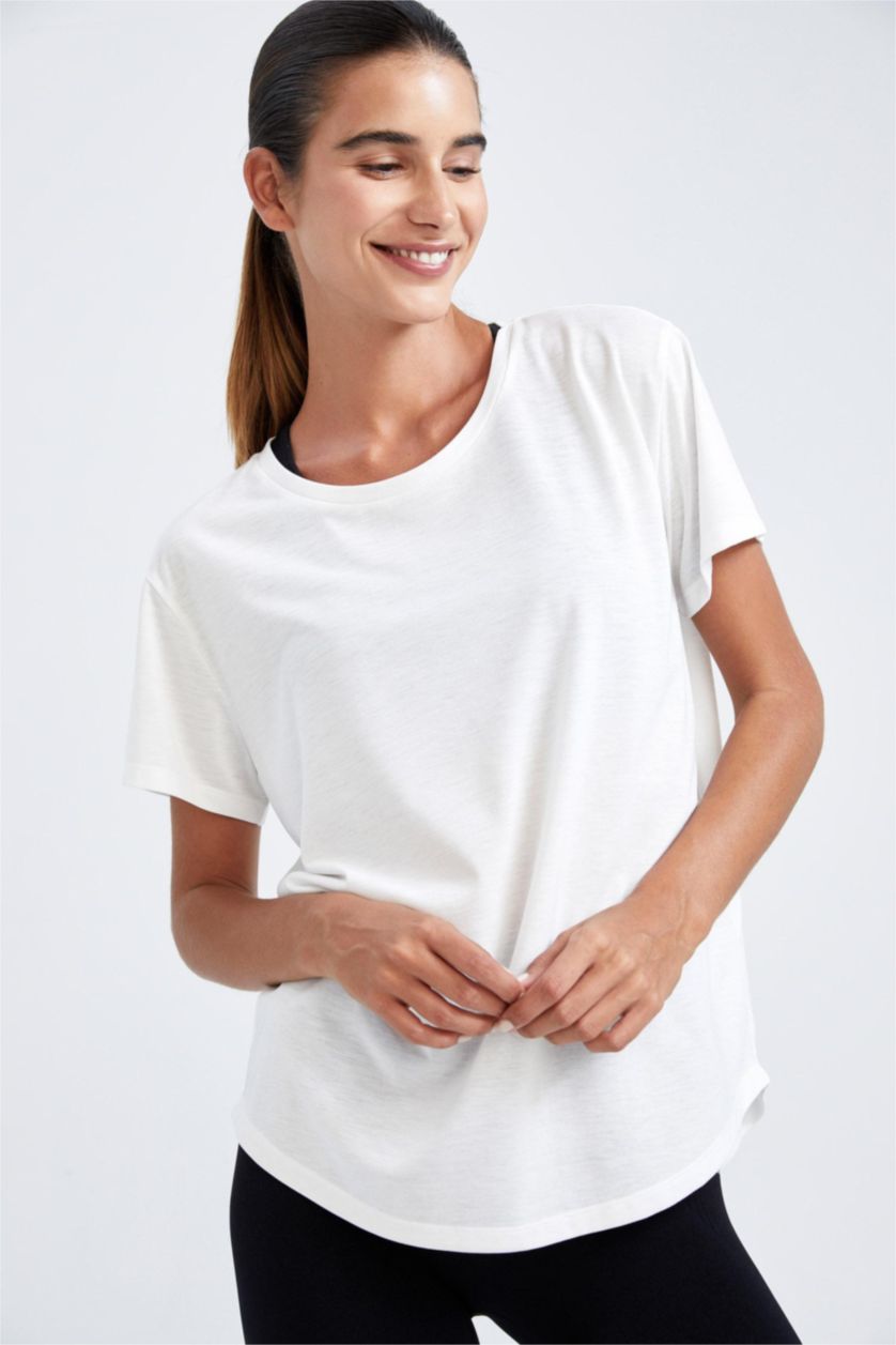 WOMAN Ecru Defacto Fit Comfort Fit Crew Neck Short Sleeved T-Shirt