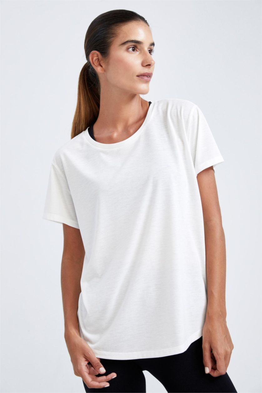 WOMAN Ecru Defacto Fit Comfort Fit Crew Neck Short Sleeved T-Shirt