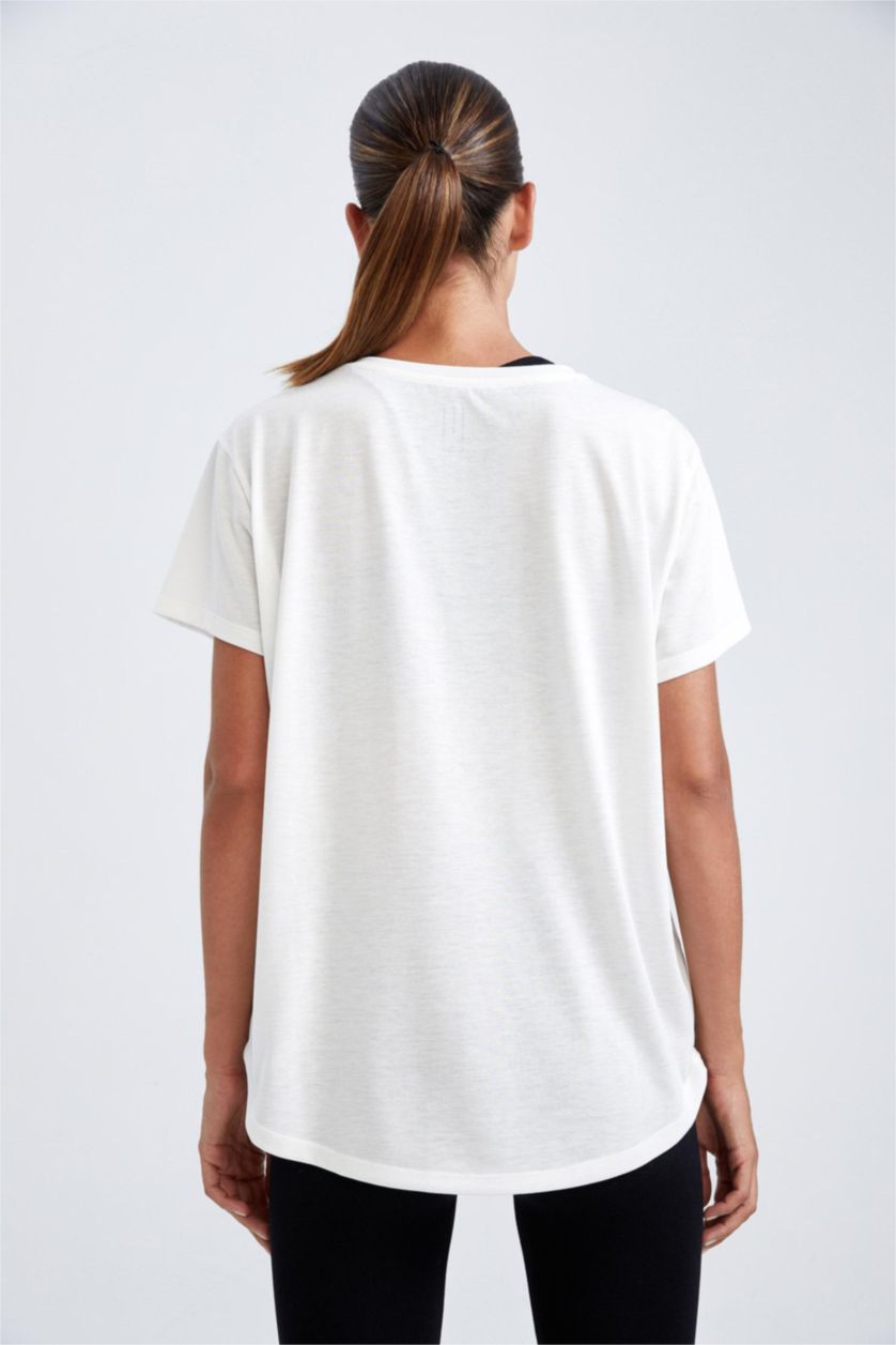 WOMAN Ecru Defacto Fit Comfort Fit Crew Neck Short Sleeved T-Shirt