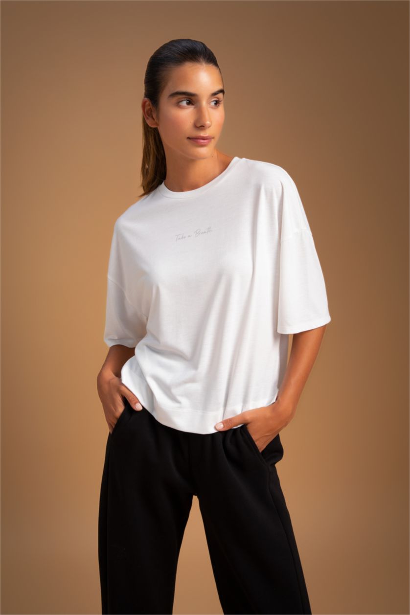 WOMAN Ecru Defacto Fit Crew Neck Short Sleeve T-Shirt