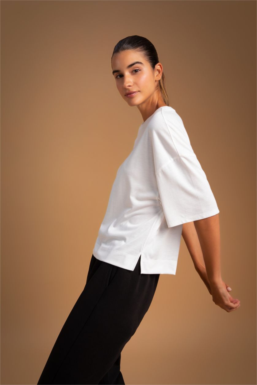 WOMAN Ecru Defacto Fit Crew Neck Short Sleeve T-Shirt