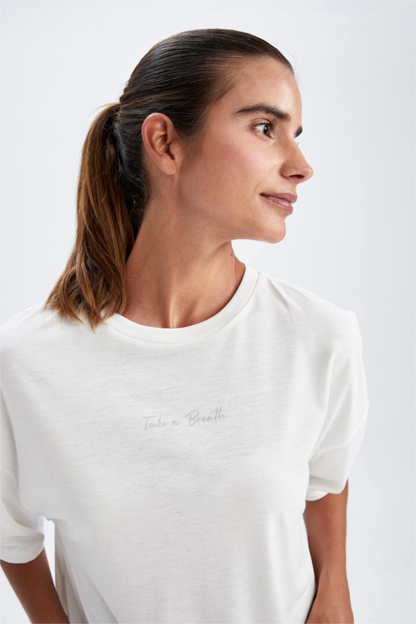 WOMAN Ecru Defacto Fit Crew Neck Short Sleeve T-Shirt