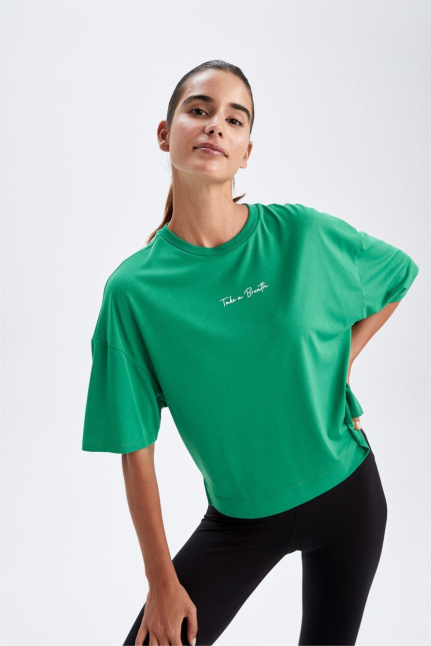 WOMAN Green Defacto Fit Crew Neck Short Sleeve T-Shirt