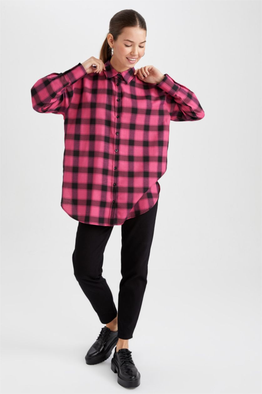 FEMME Rose Tunique À Manches Longues Flanelle Coupe décontractée Carreaux