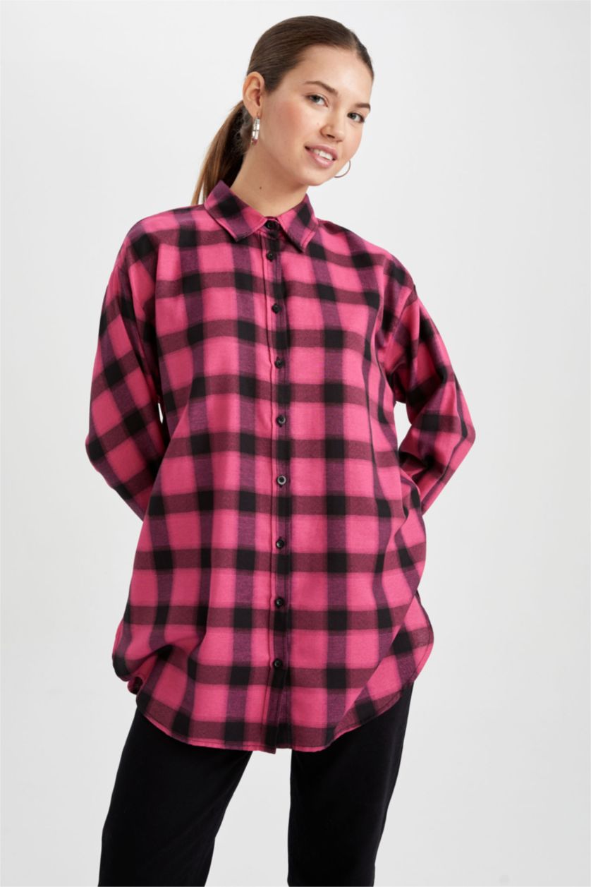 FEMME Rose Tunique À Manches Longues Flanelle Coupe décontractée Carreaux