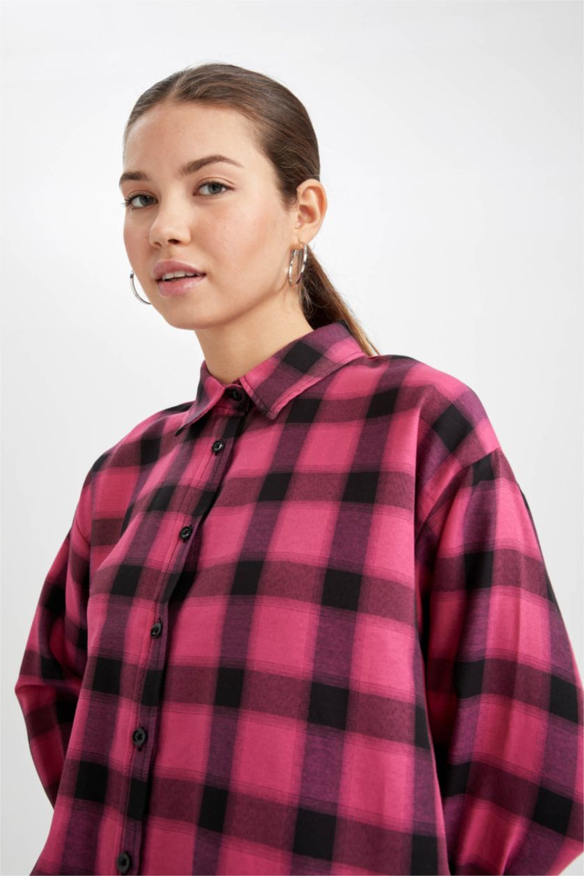 FEMME Rose Tunique À Manches Longues Flanelle Coupe décontractée Carreaux