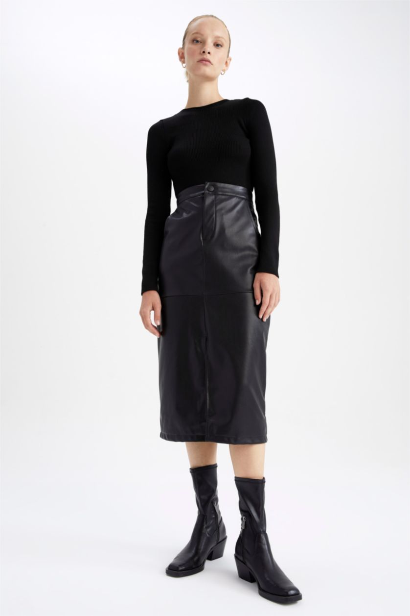 Жіночий Чорний Спідниця миди спıдниця олıывець нормальна посадка зі штучної шкіри