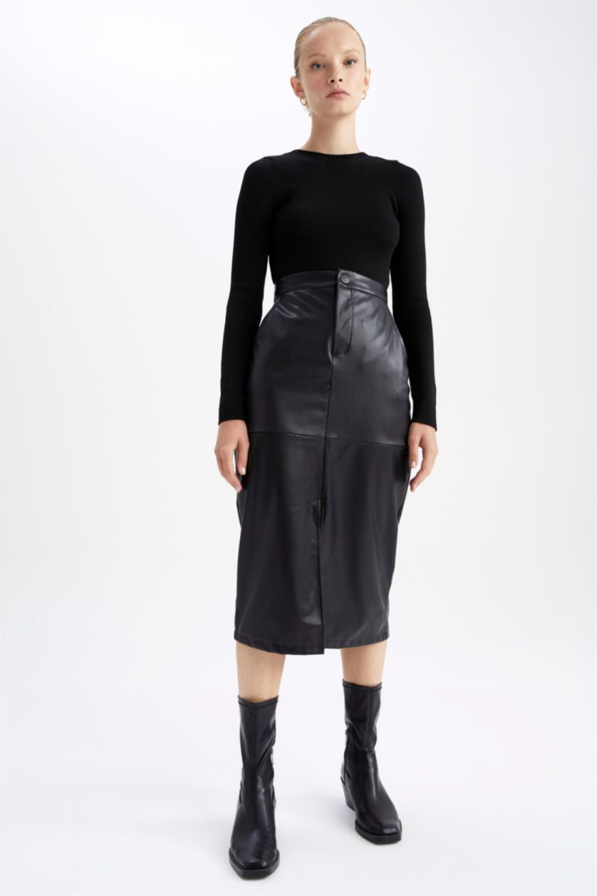 Жіночий Чорний Спідниця миди спıдниця олıывець нормальна посадка зі штучної шкіри