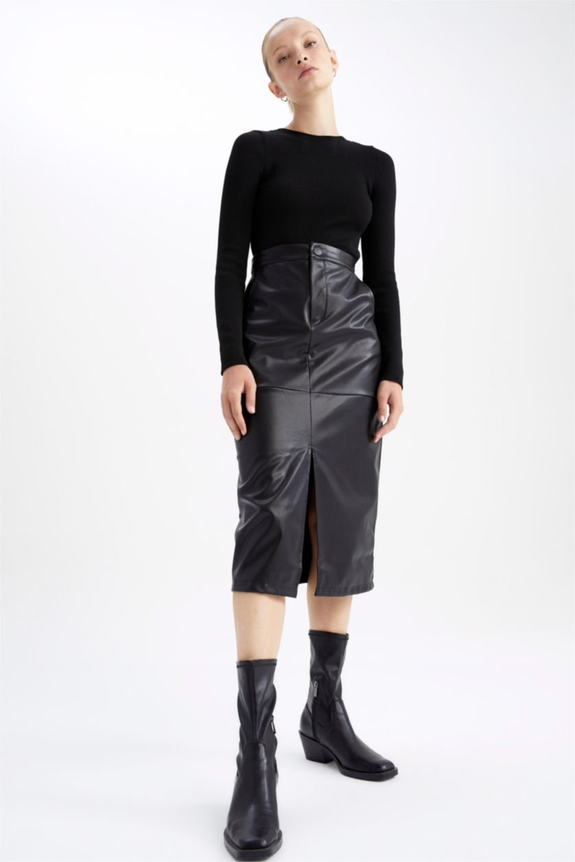 Жіночий Чорний Спідниця миди спıдниця олıывець нормальна посадка зі штучної шкіри