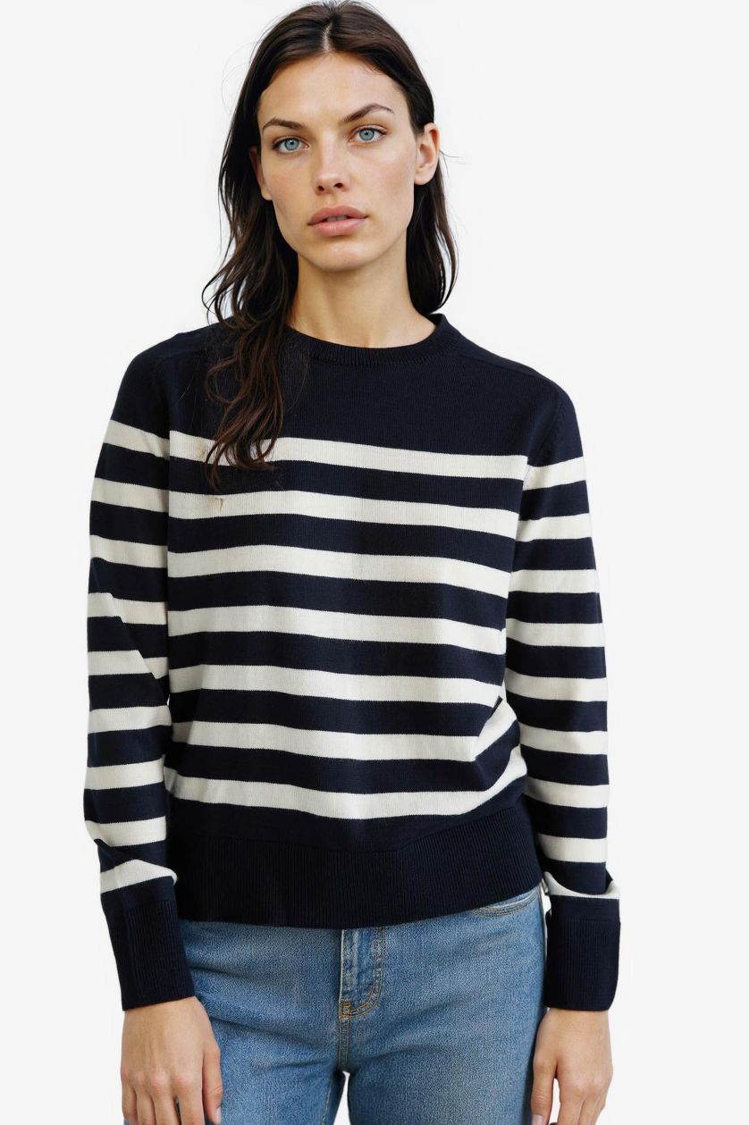Woman NAVY Regular Fit Crew Neck Striped Pullover