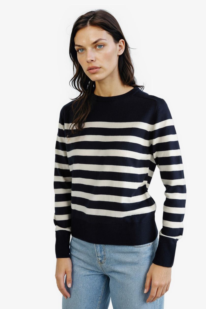 Woman NAVY Regular Fit Crew Neck Striped Pullover