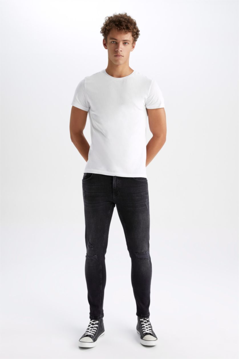 رجالي أسود بنطلون جينز سكيني فيت بتفاصيل ممزقة