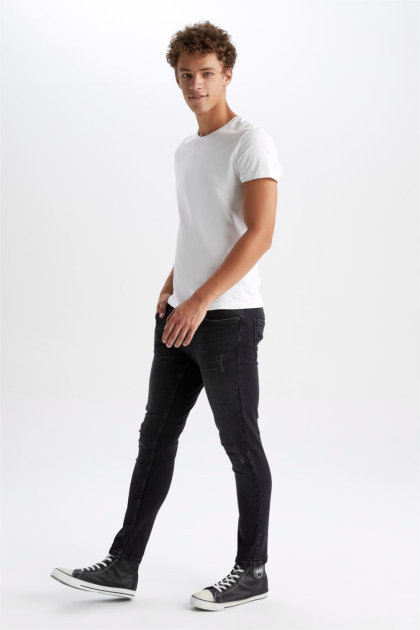 رجالي أسود بنطلون جينز سكيني فيت بتفاصيل ممزقة