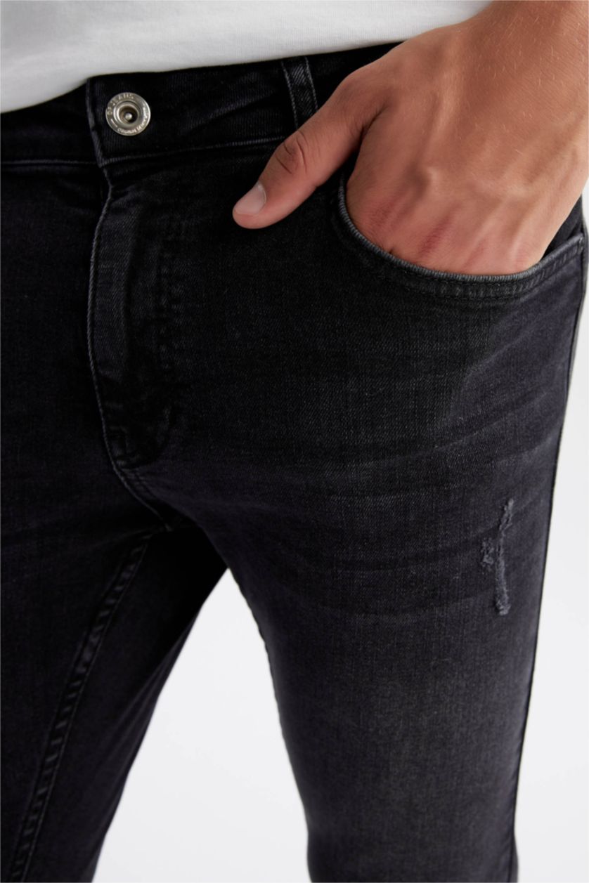 رجالي أسود بنطلون جينز سكيني فيت بتفاصيل ممزقة