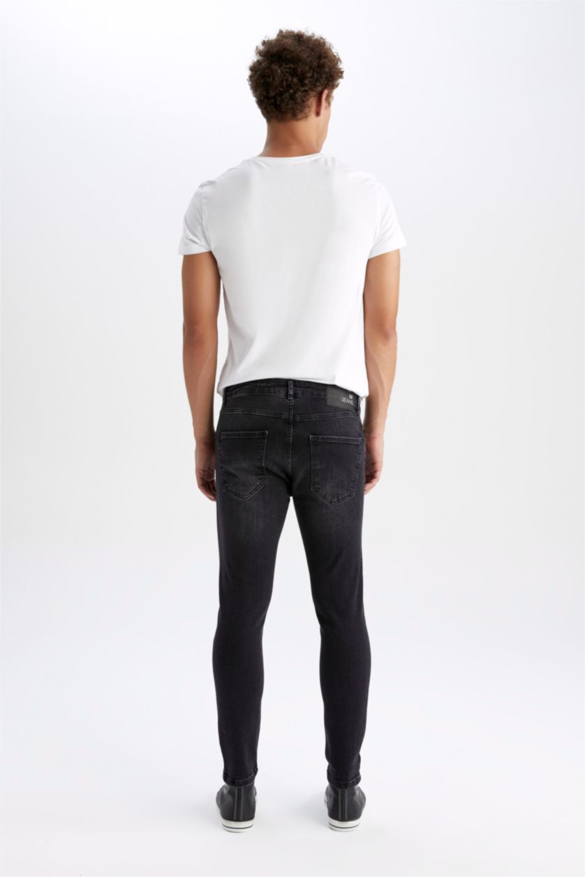 رجالي أسود بنطلون جينز سكيني فيت بتفاصيل ممزقة