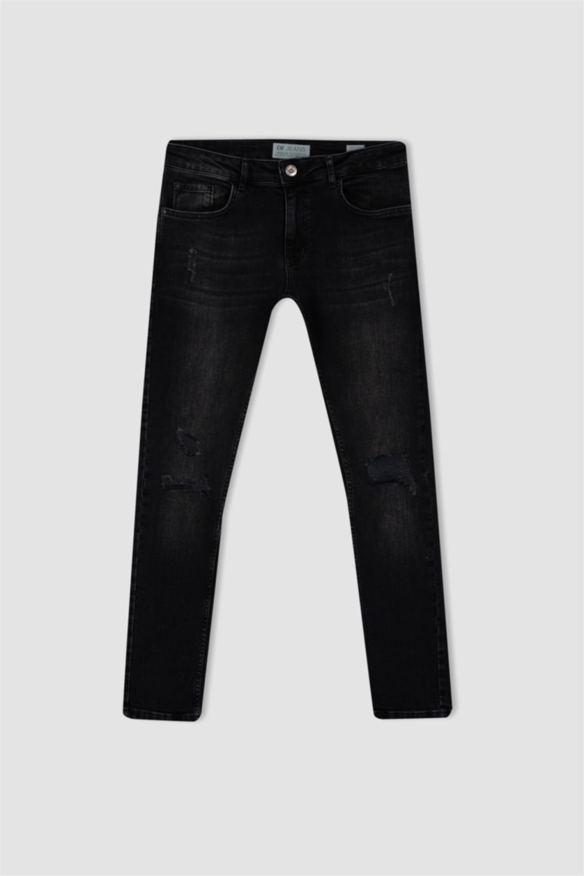 رجالي أسود بنطلون جينز سكيني فيت بتفاصيل ممزقة