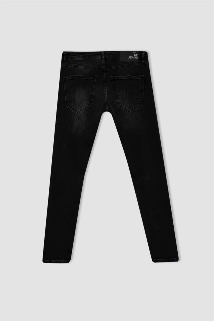 رجالي أسود بنطلون جينز سكيني فيت بتفاصيل ممزقة