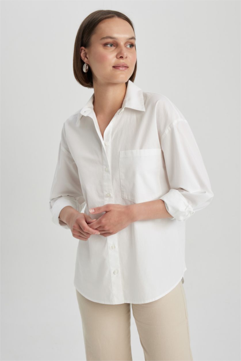 WOMAN White Oversize Fit Shirt Collar Poplin Long Sleeve Shirt