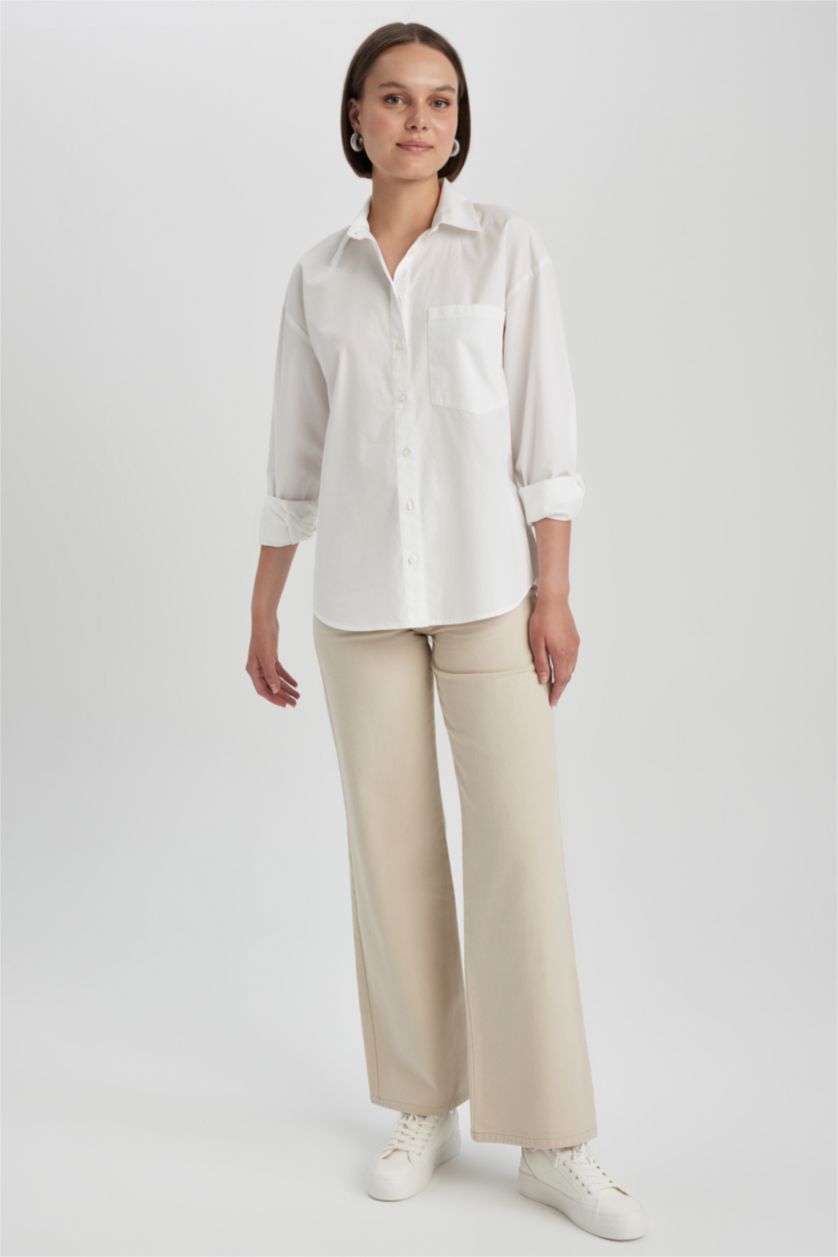 WOMAN White Oversize Fit Shirt Collar Poplin Long Sleeve Shirt