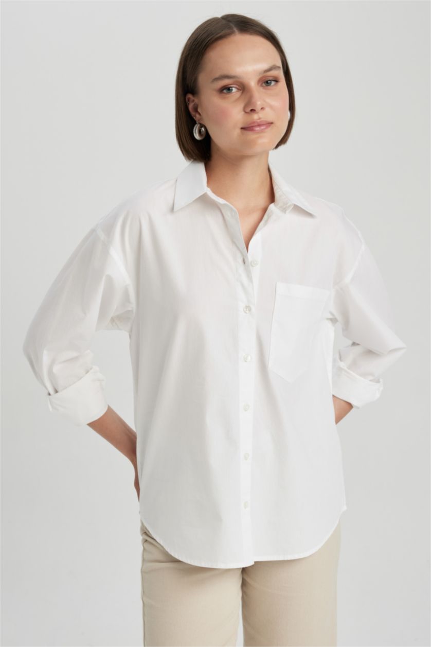 WOMAN White Oversize Fit Shirt Collar Poplin Long Sleeve Shirt
