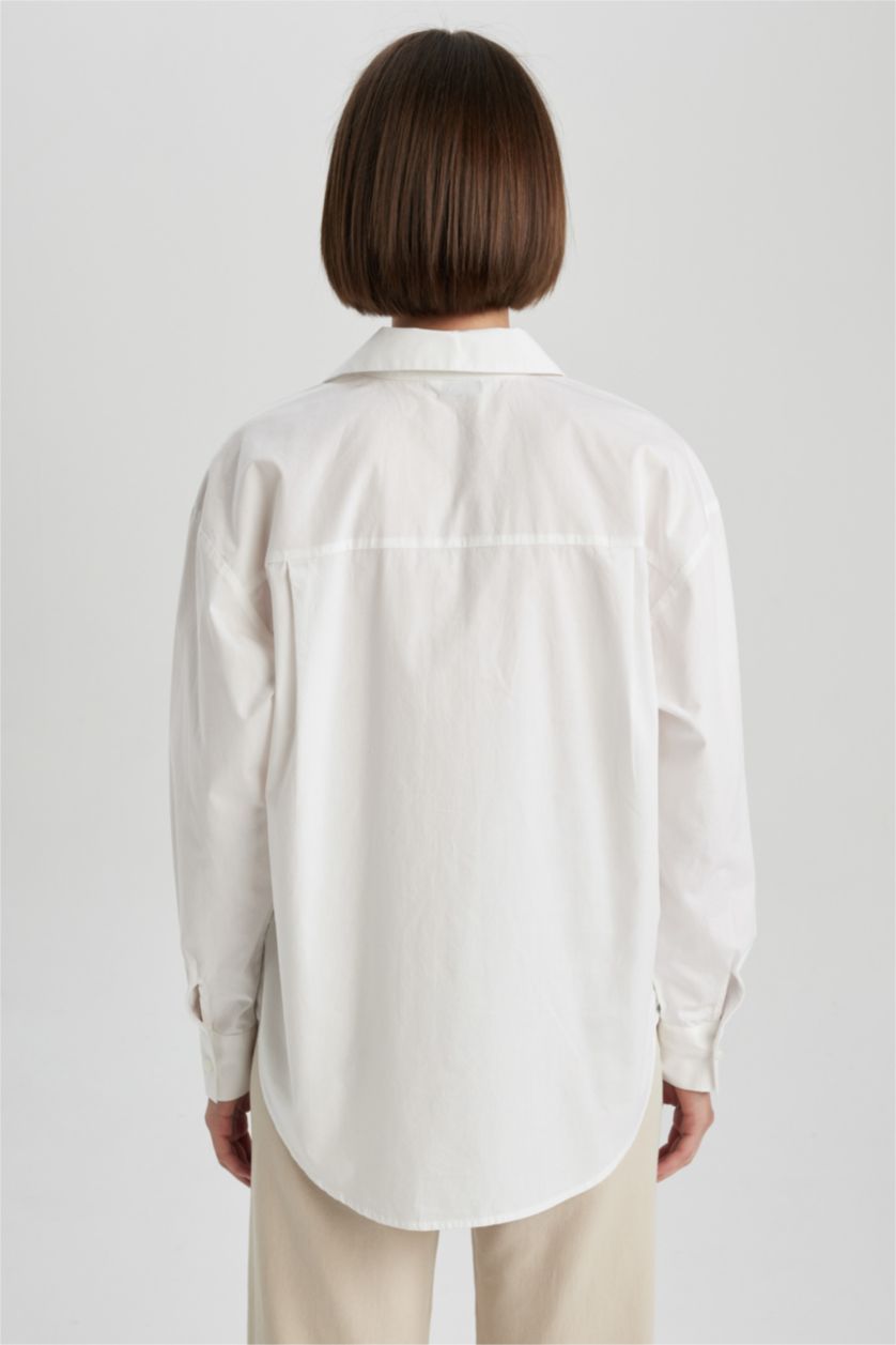 WOMAN White Oversize Fit Shirt Collar Poplin Long Sleeve Shirt