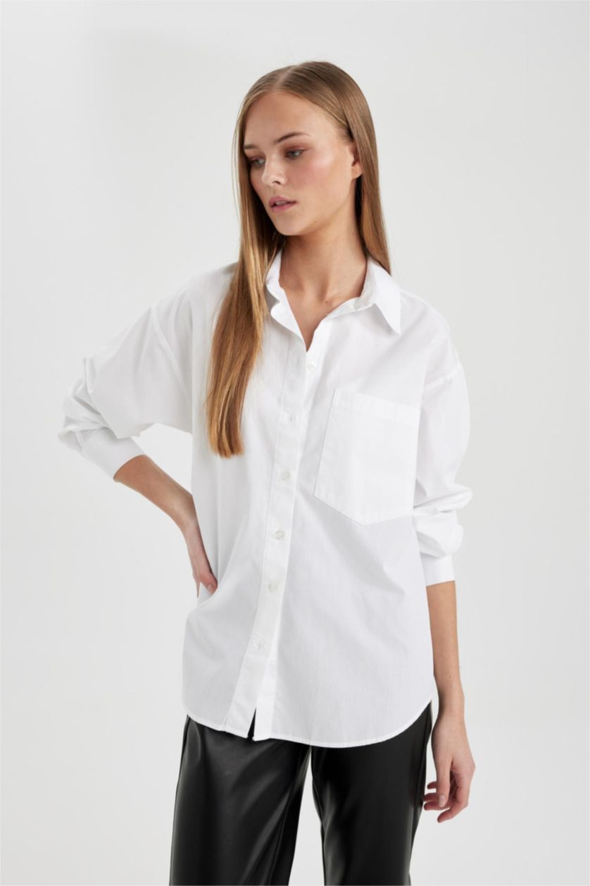 FEMME Blanc Chemises à manches longues Popeline Col De Chemise Poche unique
