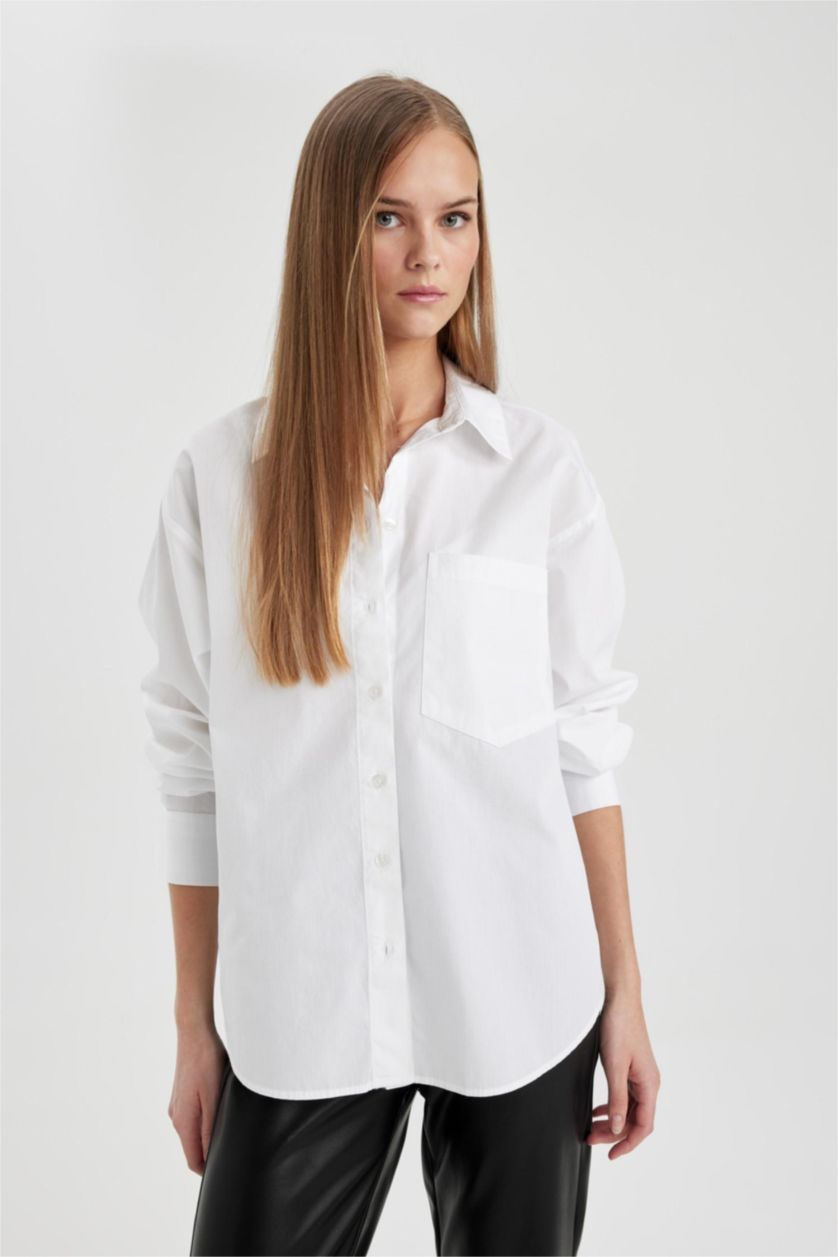 FEMME Blanc Chemises à manches longues Popeline Col De Chemise Poche unique