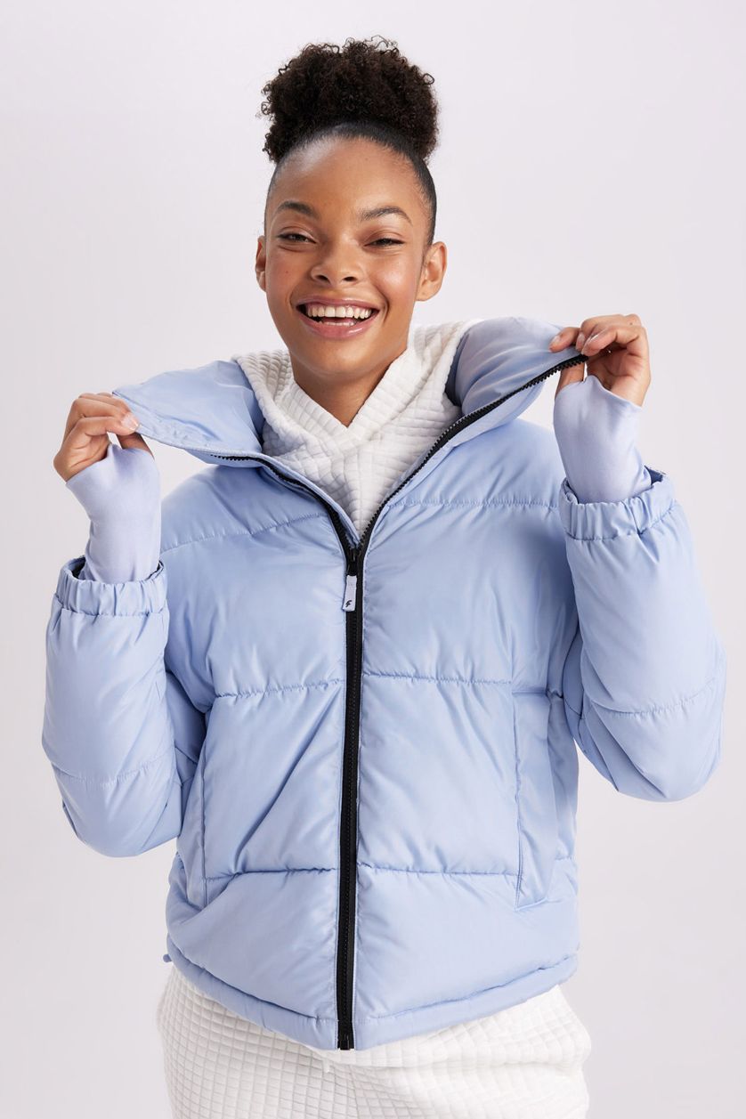 Woman Blue DeFactoFit Waterproof Stand Collar Zippered Pocket Puffer Jacket