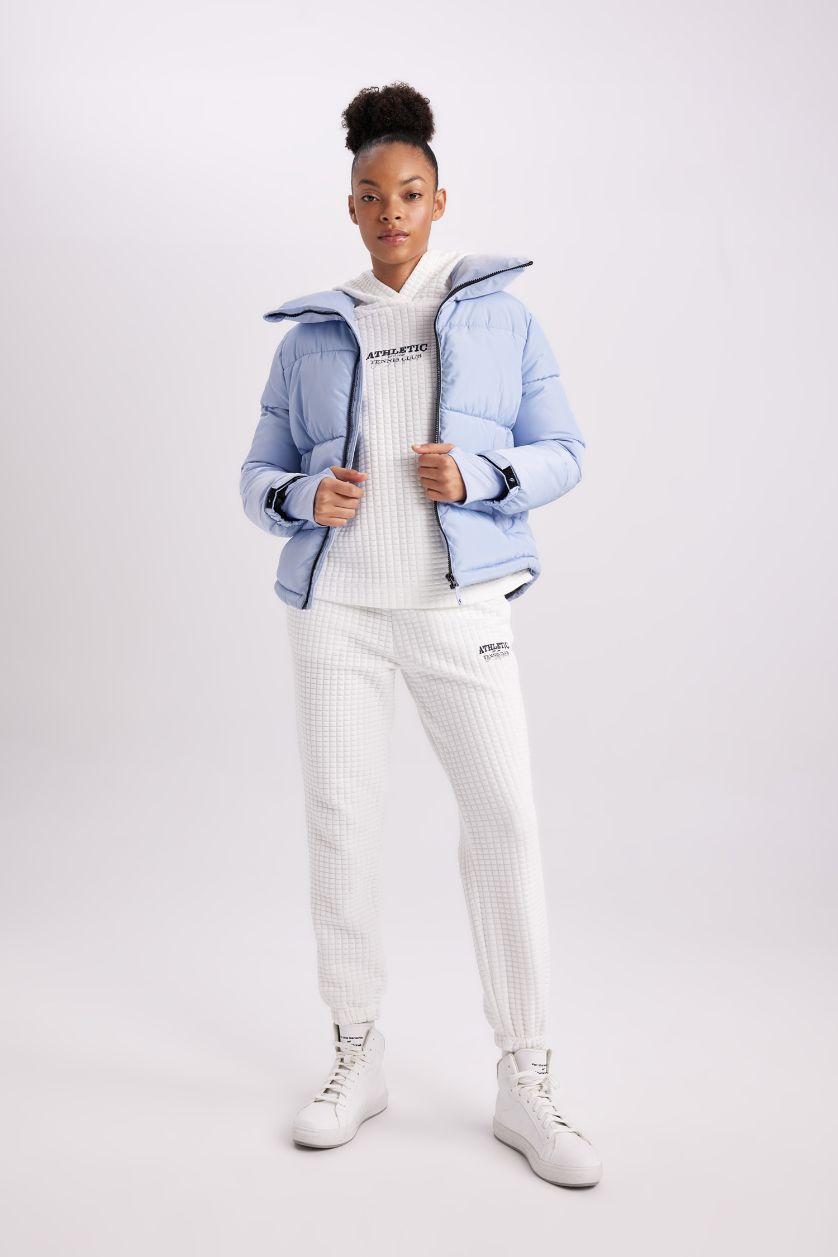 Woman Blue DeFactoFit Waterproof Stand Collar Zippered Pocket Puffer Jacket