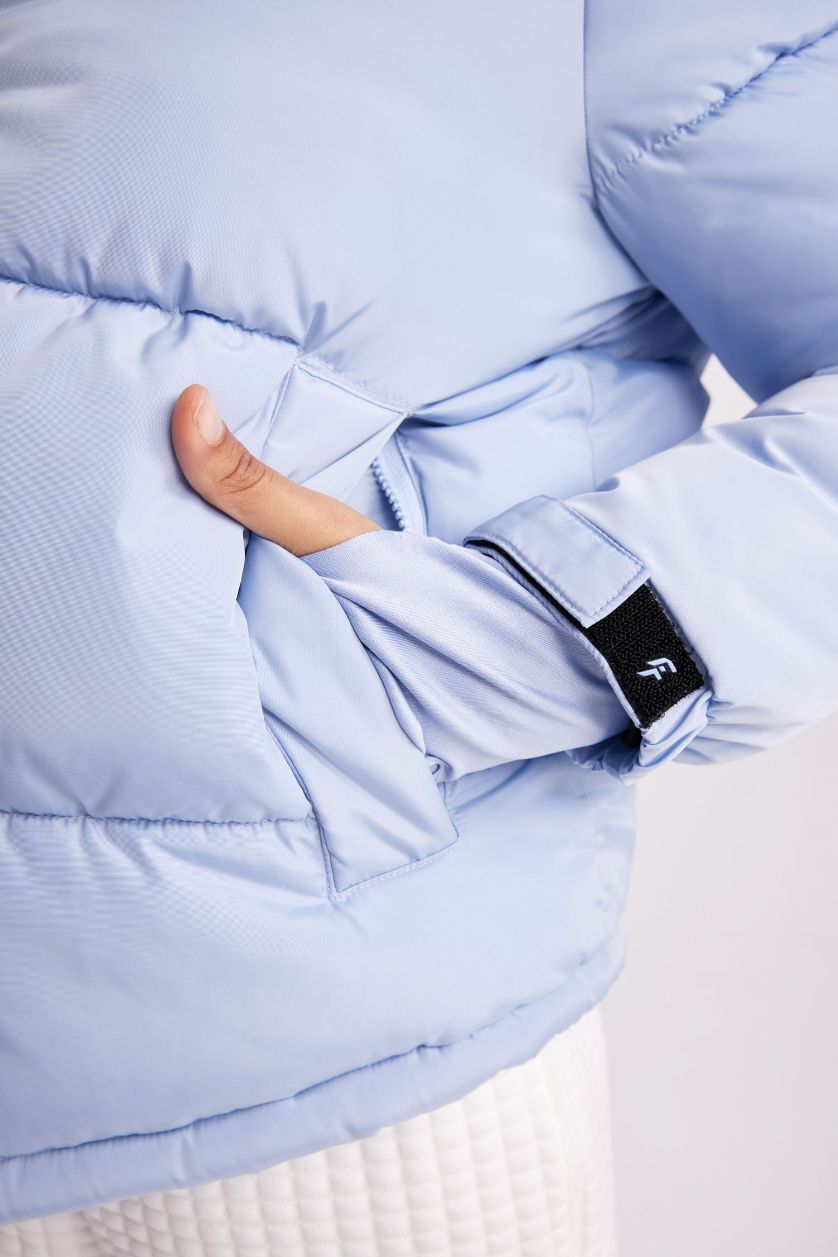 Woman Blue DeFactoFit Waterproof Stand Collar Zippered Pocket Puffer Jacket