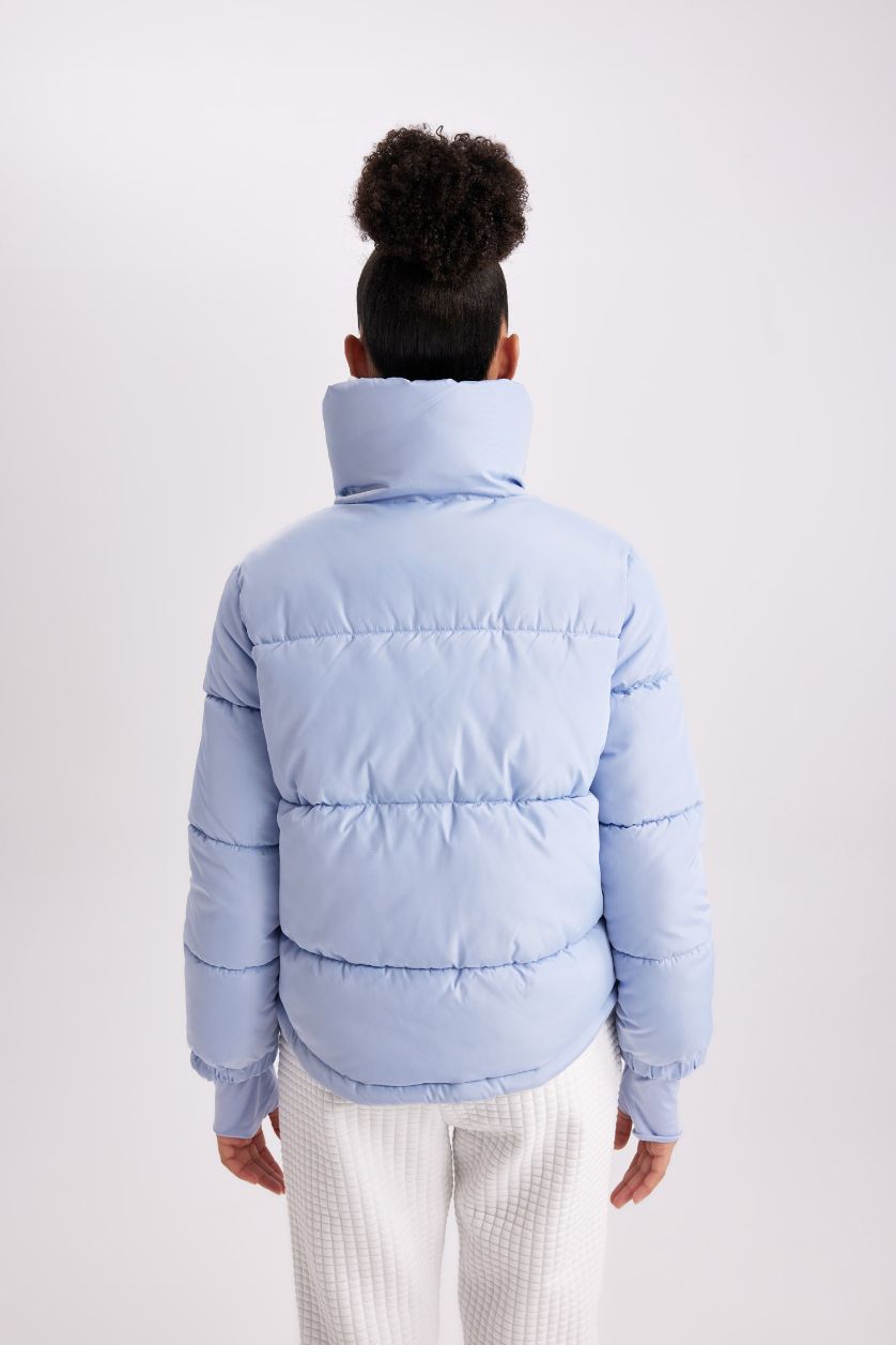 Woman Blue DeFactoFit Waterproof Stand Collar Zippered Pocket Puffer Jacket
