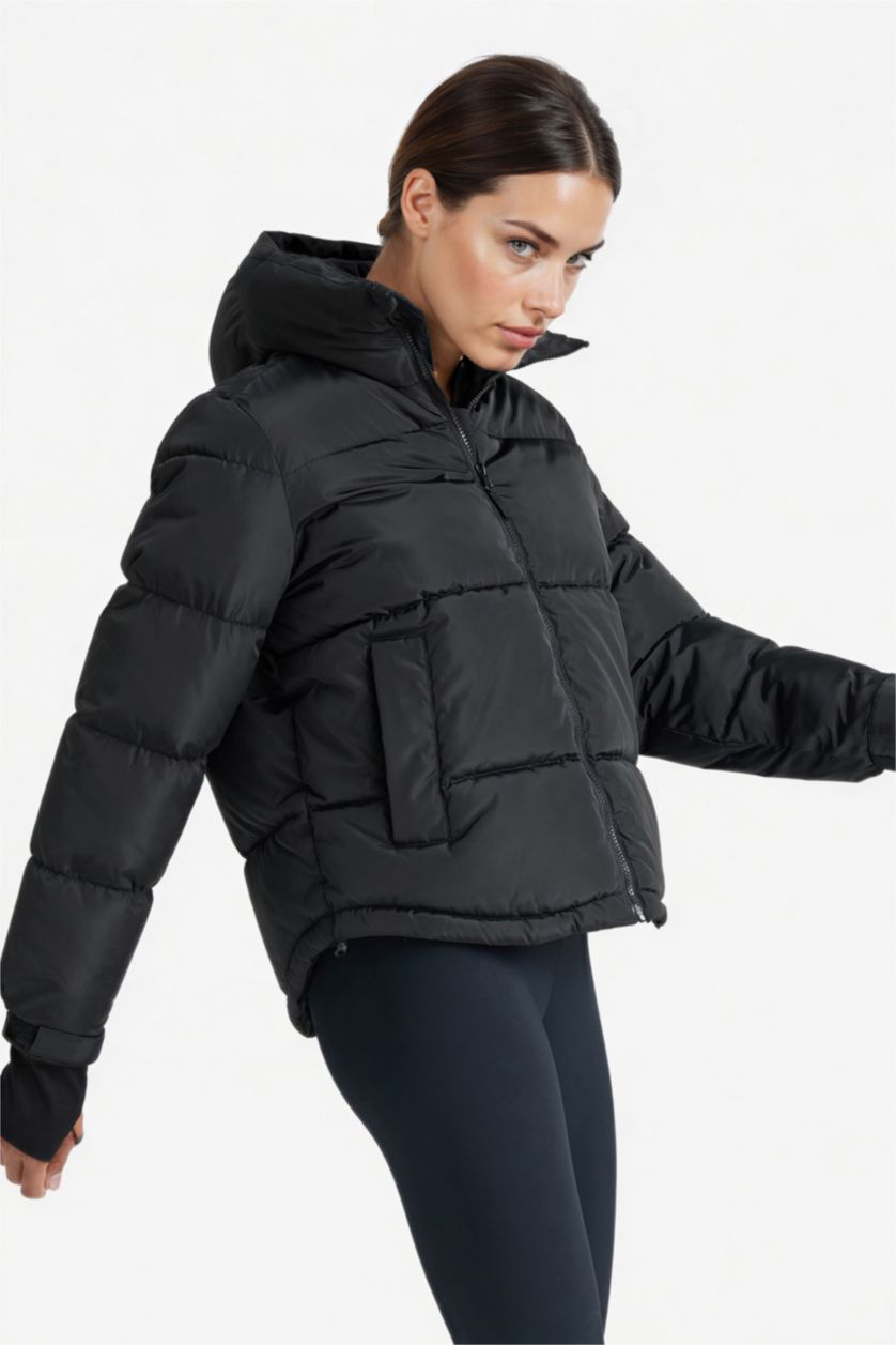 Kadın Siyah Su İtici Regular Fit Dik Yaka Fermuarlı El Geçmeli Cepli Şişme Mont