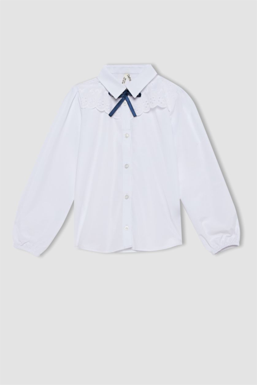 Kız Çocuk - Genç Kız Beyaz Regular Fıt Hakim Yaka Pamuklu Uzun Kollu Gömlek Kız Çocuk
