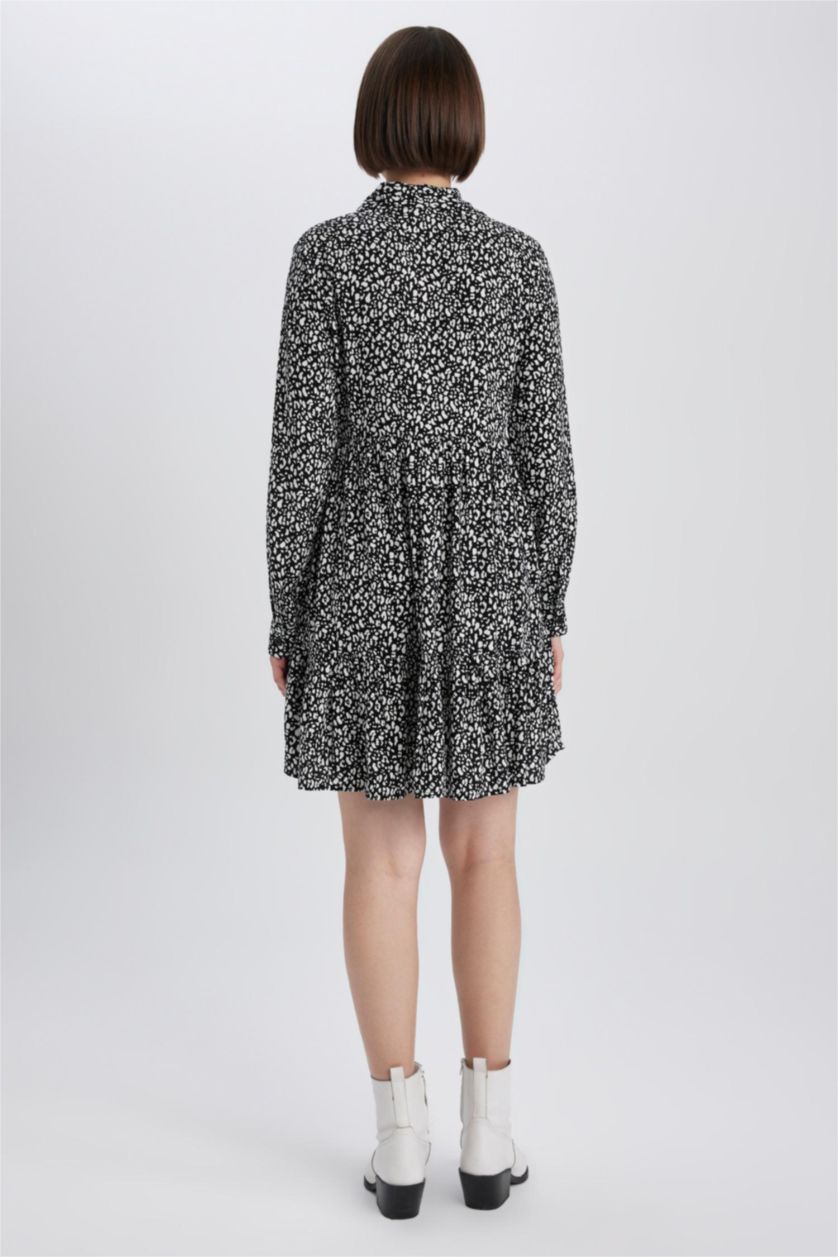 حريمي أسود فستان قصير أسود كم طويل بياقة قميص