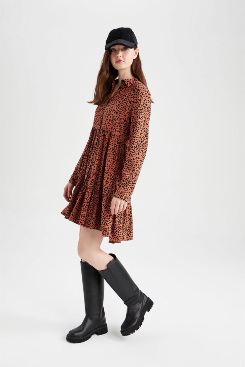 Әйелдерге Қою Қызғылт Сары тұтас басып шығарылған жейде мойыны ұзын жеңді Ұзын жеңді тоқылған көйлек