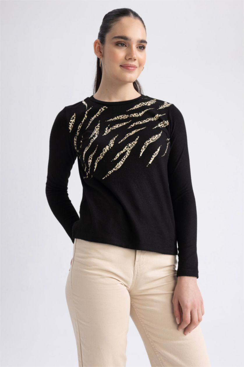 WOMAN Black Traditional Regular Fit Crew Neck Zebra Patterned T-Shirt