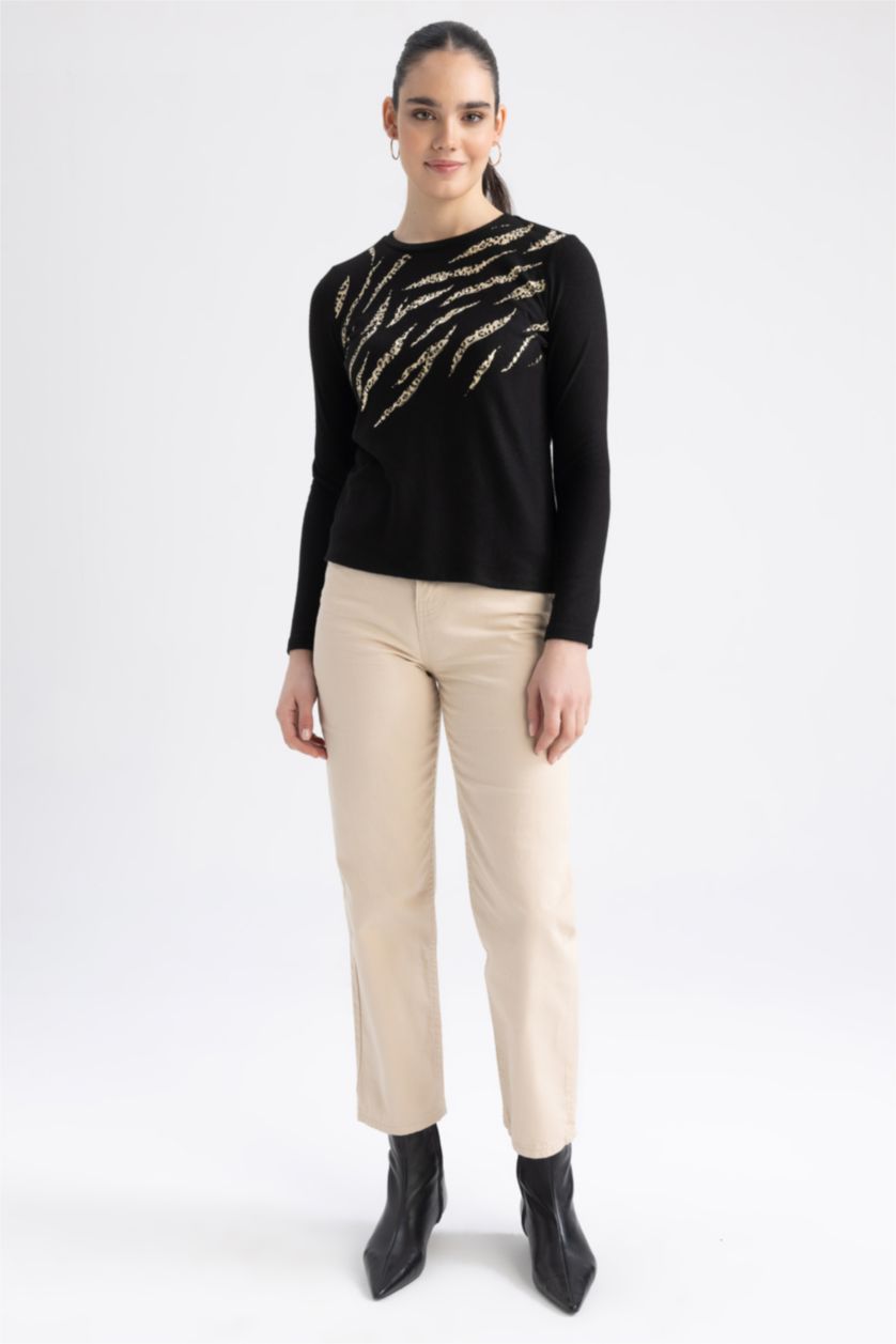 WOMAN Black Traditional Regular Fit Crew Neck Zebra Patterned T-Shirt