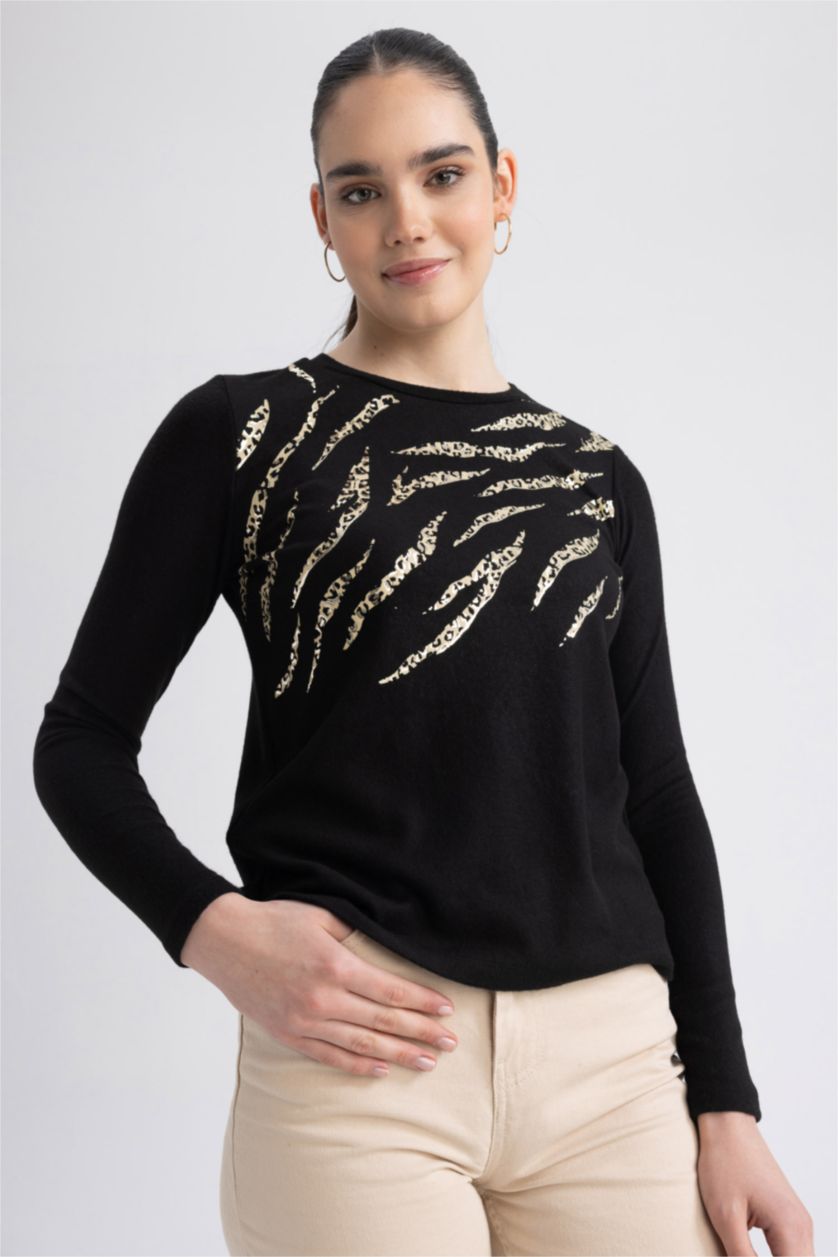 WOMAN Black Traditional Regular Fit Crew Neck Zebra Patterned T-Shirt