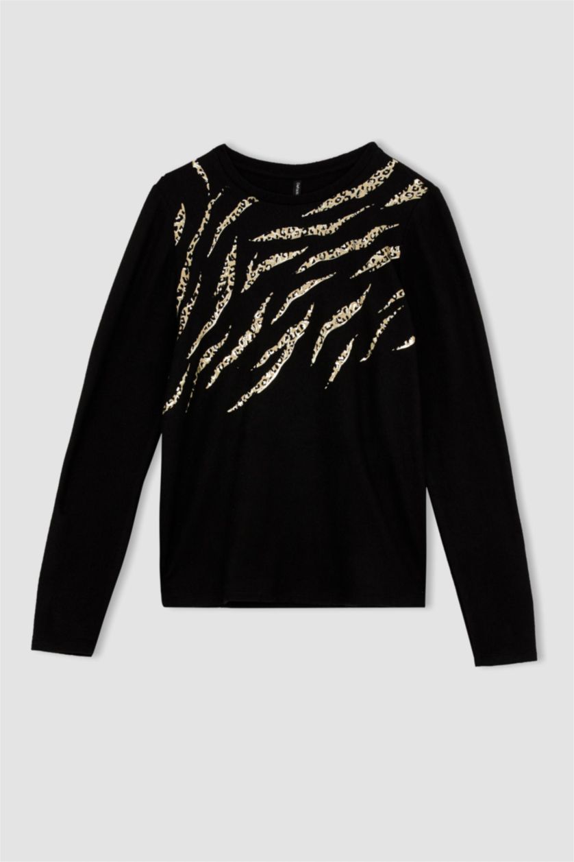 WOMAN Black Traditional Regular Fit Crew Neck Zebra Patterned T-Shirt