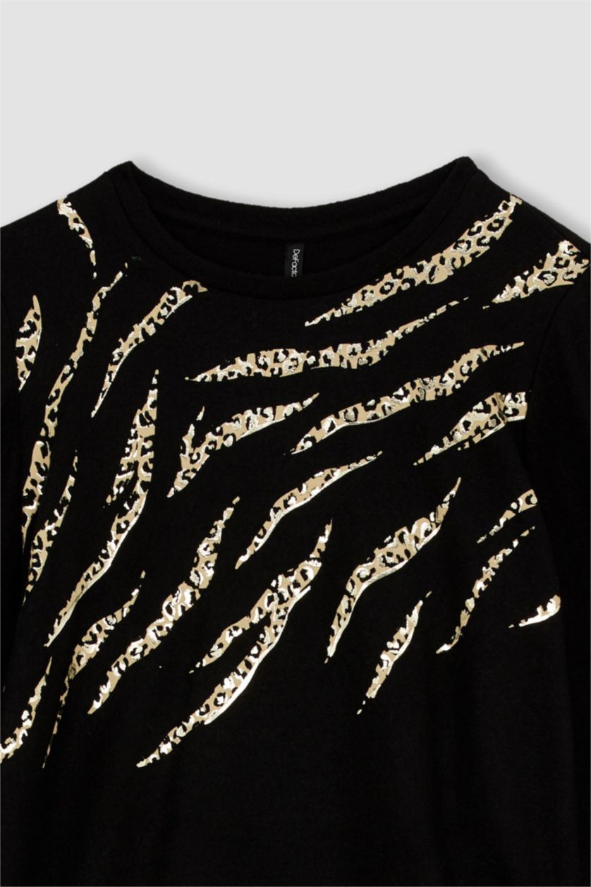 WOMAN Black Traditional Regular Fit Crew Neck Zebra Patterned T-Shirt