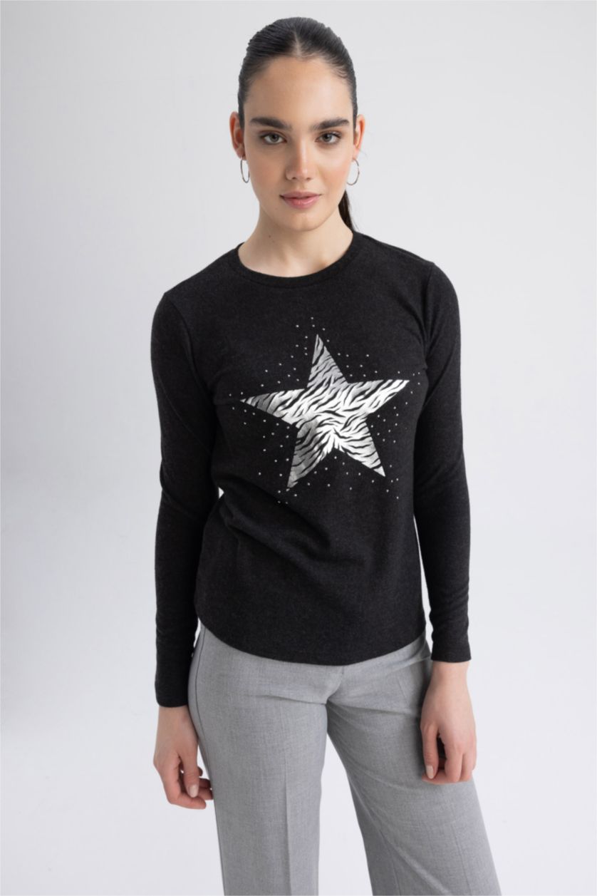 WOMAN Anthracite Melange Regular Fit Crew Neck Star Patterned T-Shirt