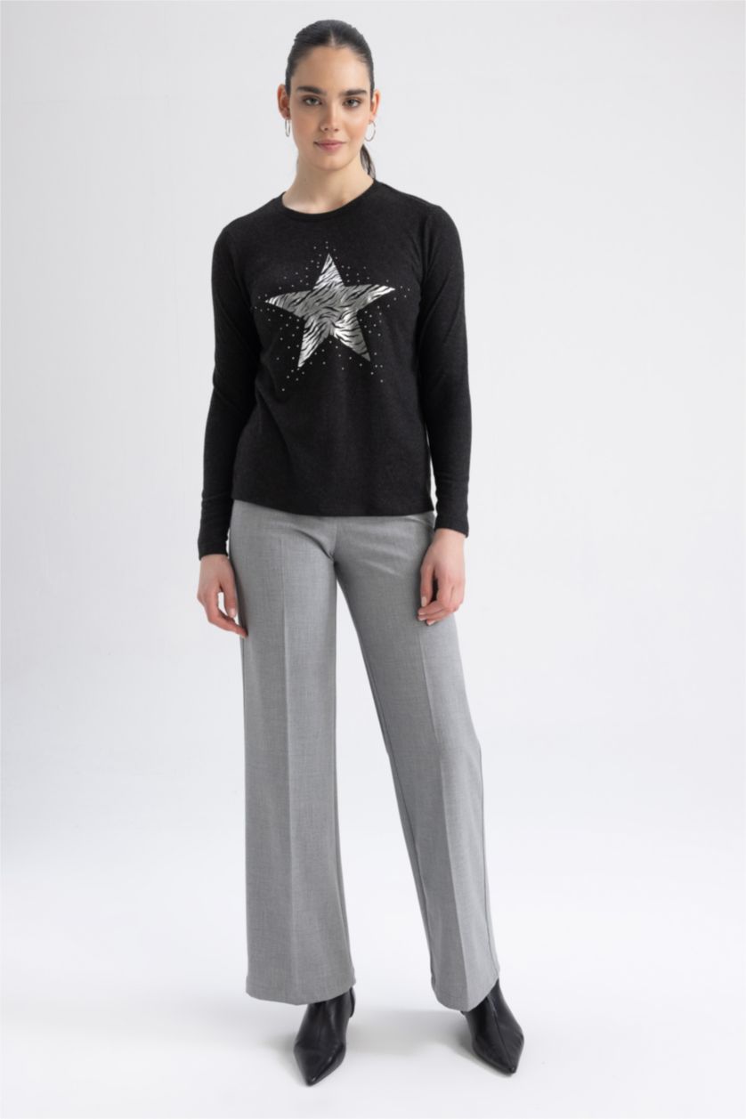 WOMAN Anthracite Melange Regular Fit Crew Neck Star Patterned T-Shirt