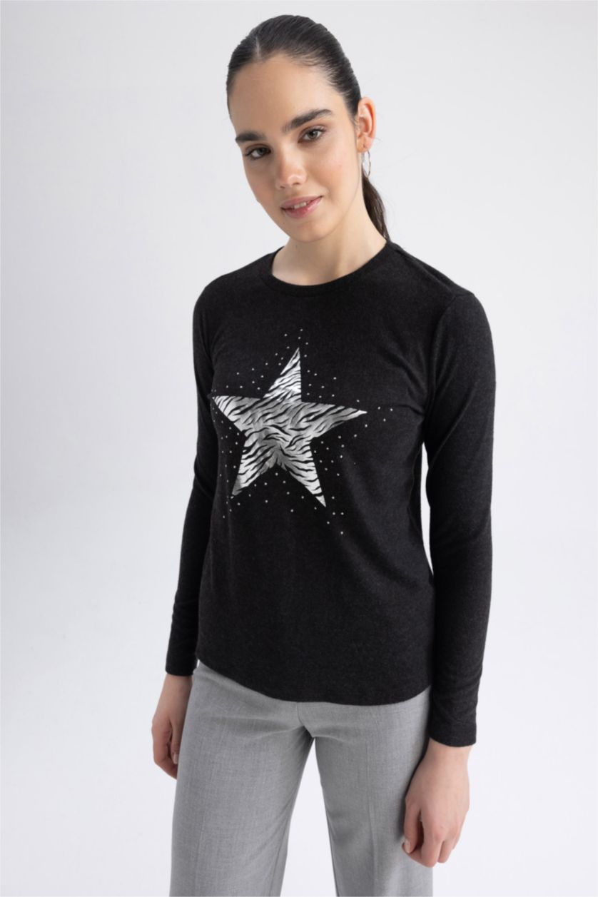 WOMAN Anthracite Melange Regular Fit Crew Neck Star Patterned T-Shirt