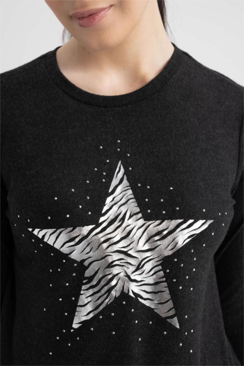 WOMAN Anthracite Melange Regular Fit Crew Neck Star Patterned T-Shirt