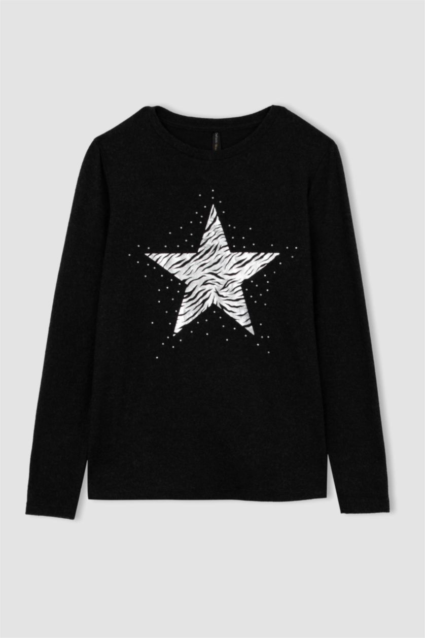 WOMAN Anthracite Melange Regular Fit Crew Neck Star Patterned T-Shirt