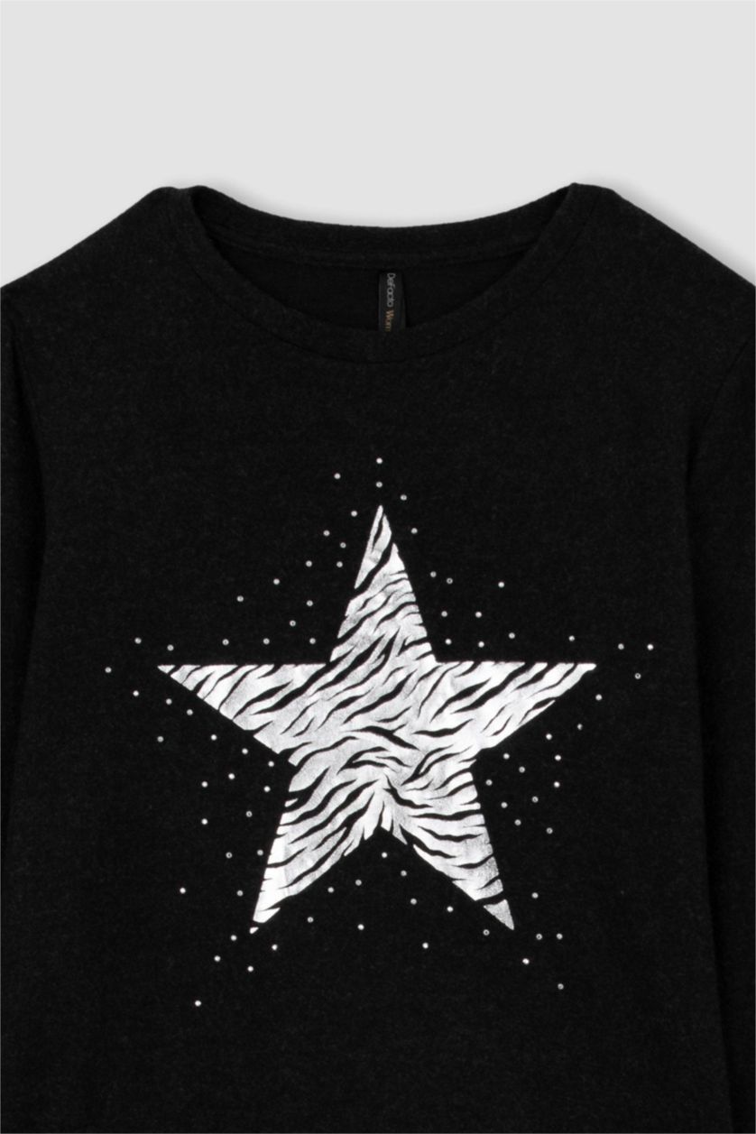 WOMAN Anthracite Melange Regular Fit Crew Neck Star Patterned T-Shirt