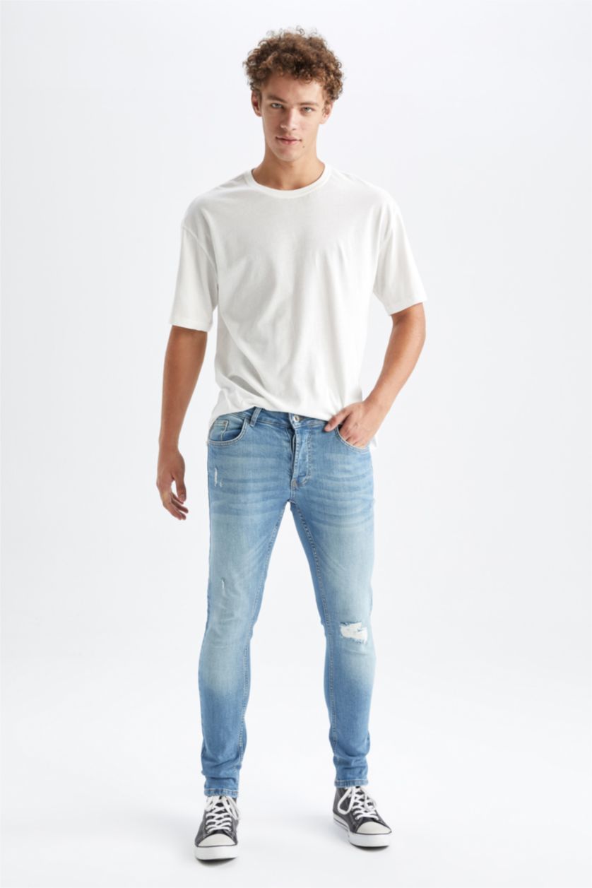 Erkek Açık Yeşil Skinny Comfort Fit Dar Rahat Kalıp Normal Bel Ekstra Dar Paça Yırtık Detaylı Jean Pantolon