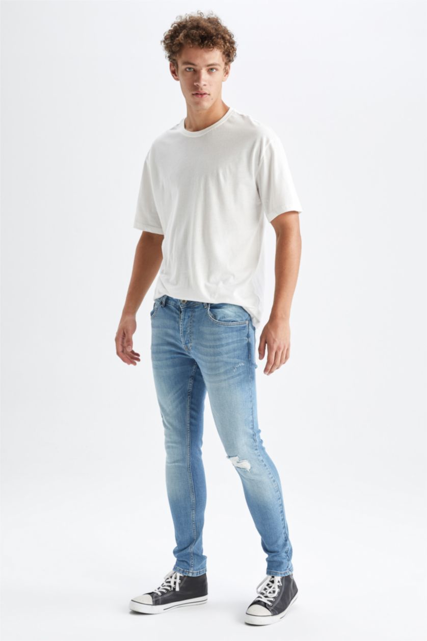 Erkek Açık Yeşil Skinny Comfort Fit Dar Rahat Kalıp Normal Bel Ekstra Dar Paça Yırtık Detaylı Jean Pantolon